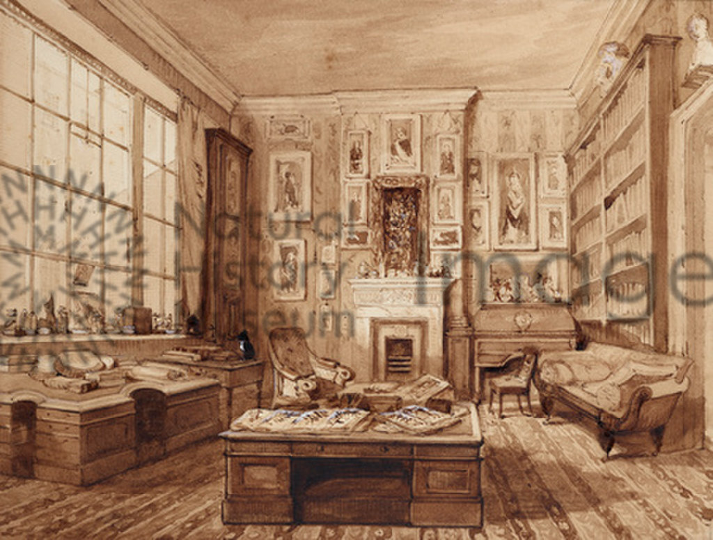 Sir Joseph Banks' study in his house at 32 Soho Square, London. 
Sepia painting by Francis Boott, 
1820
Framed with another watercolour of Bank's study. Inscription on the back of the frame reads 